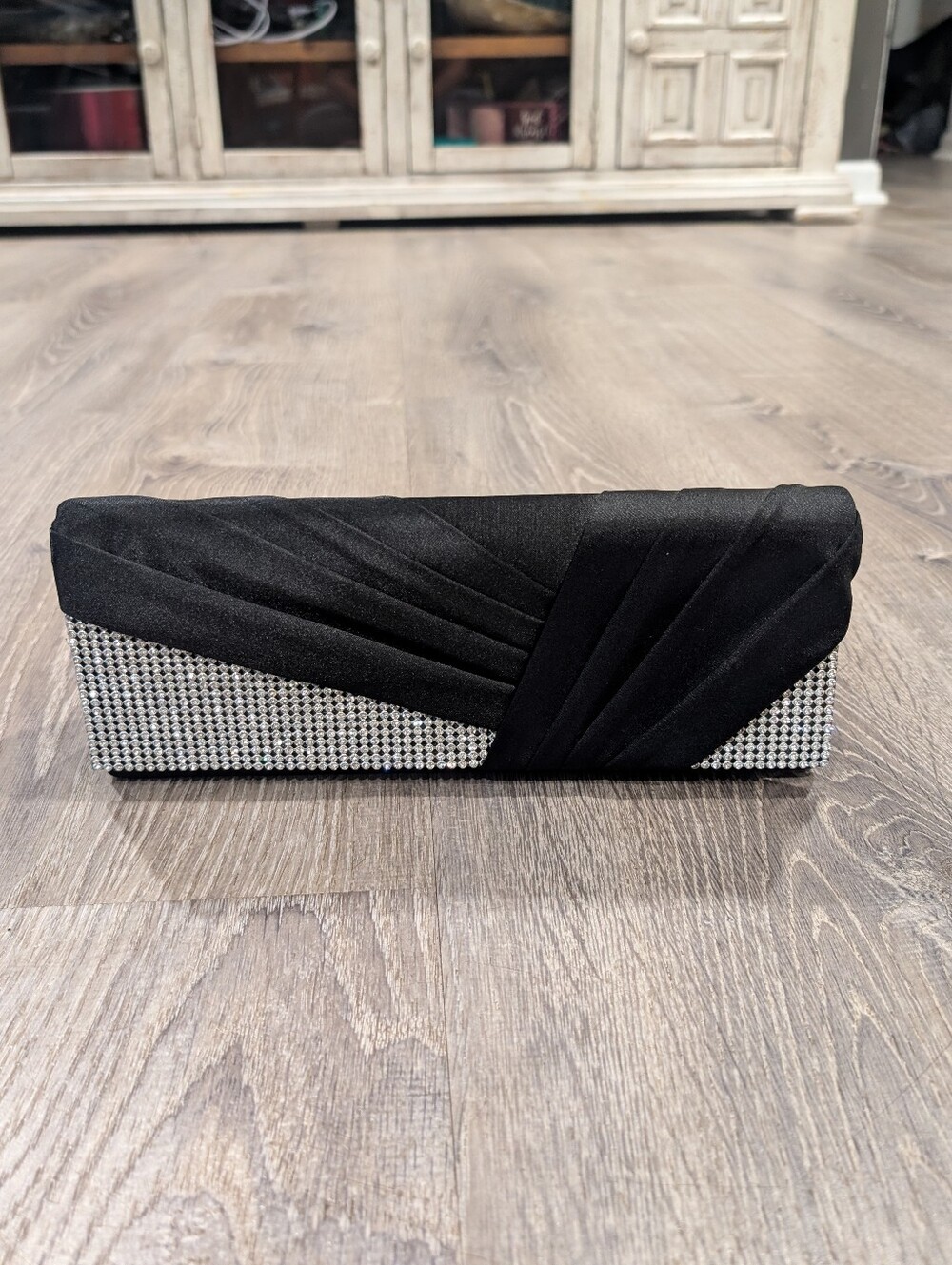 Charming Charlie RSVP Black Satin Rhinestone Pleated Formal Evening Clutch Bag